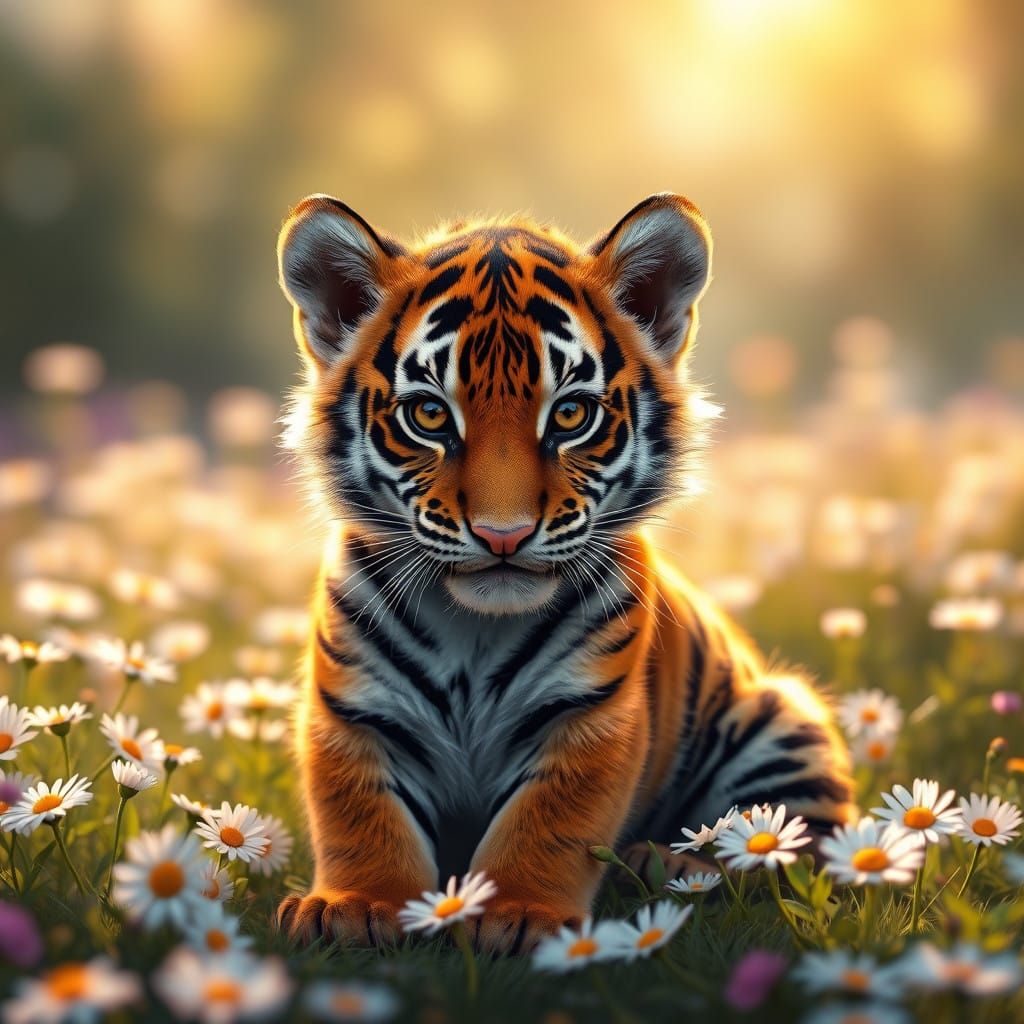 Surreal Tiger Cub in a Field of Daisies