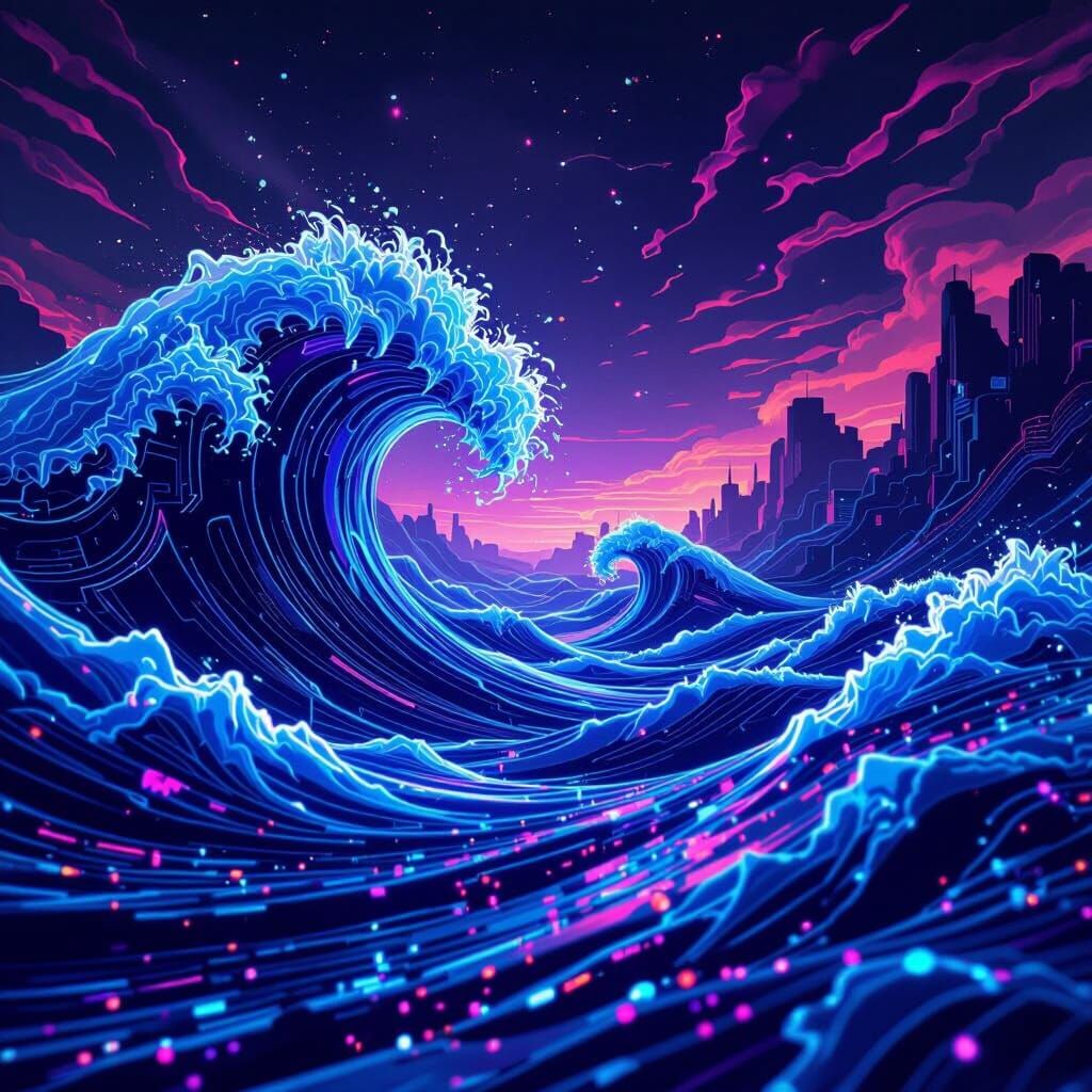 Abstract Digital Art with Iridescent Waves and Geometric Pat...