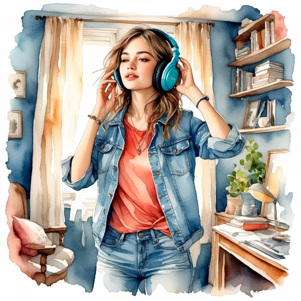 Teenage Girl Dancing in Bedroom: Watercolor Style