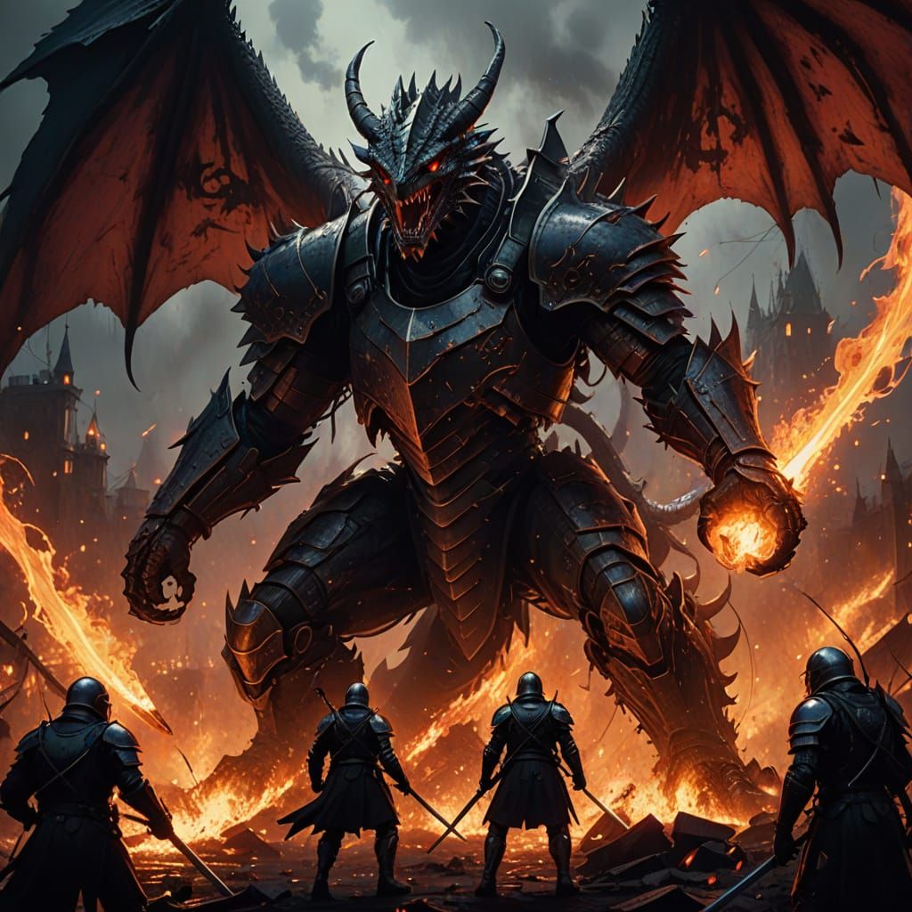 Medieval Knights Clash with a Majestic Dragon in a Fiery Lan...