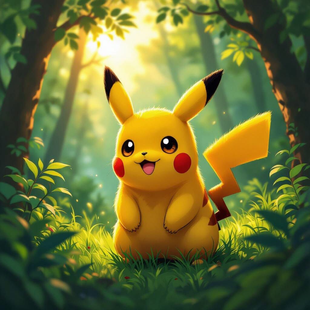 Pikachu in a Lush Forest at Golden Hour