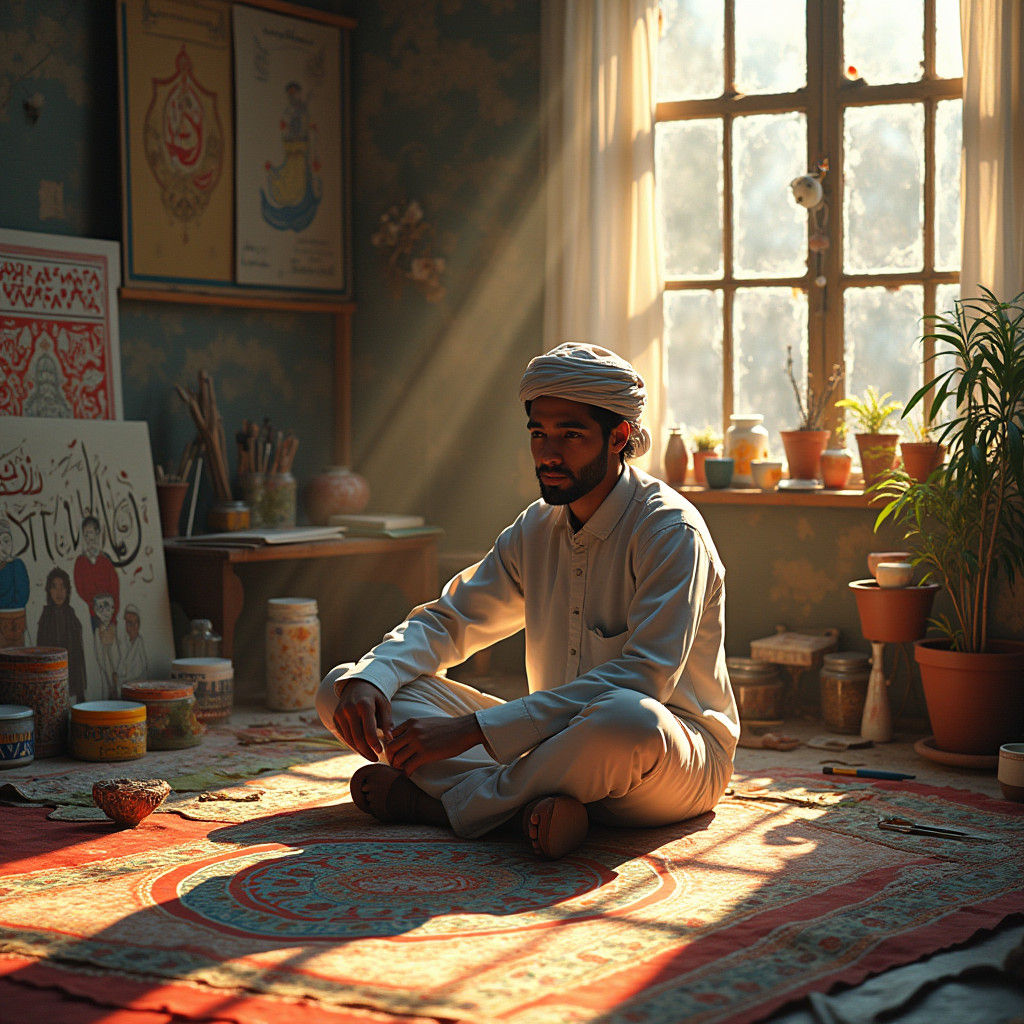 Student Artist Surrounded by Islamic Art