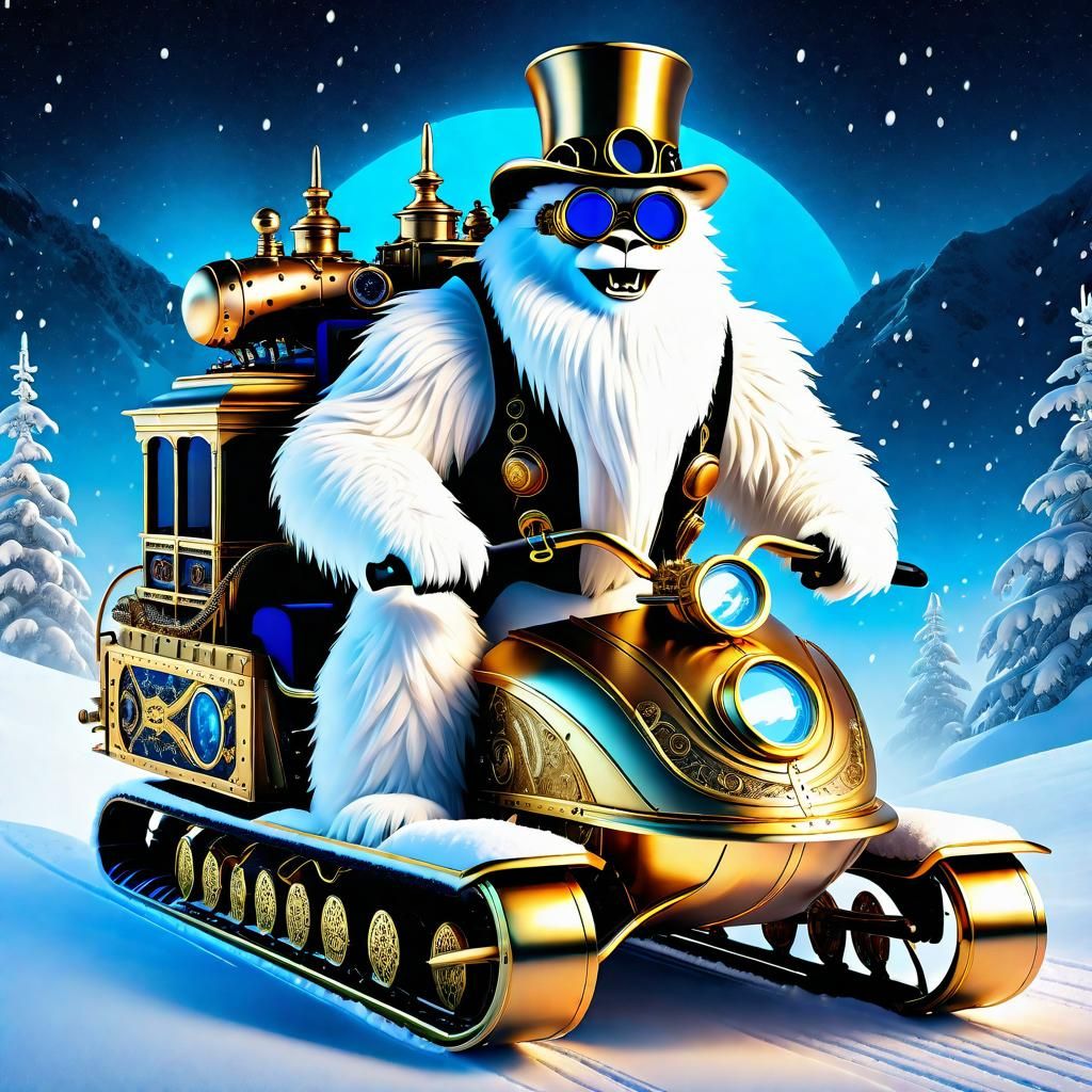 Steampunk Yeti on Snowmobile in Snowstorm