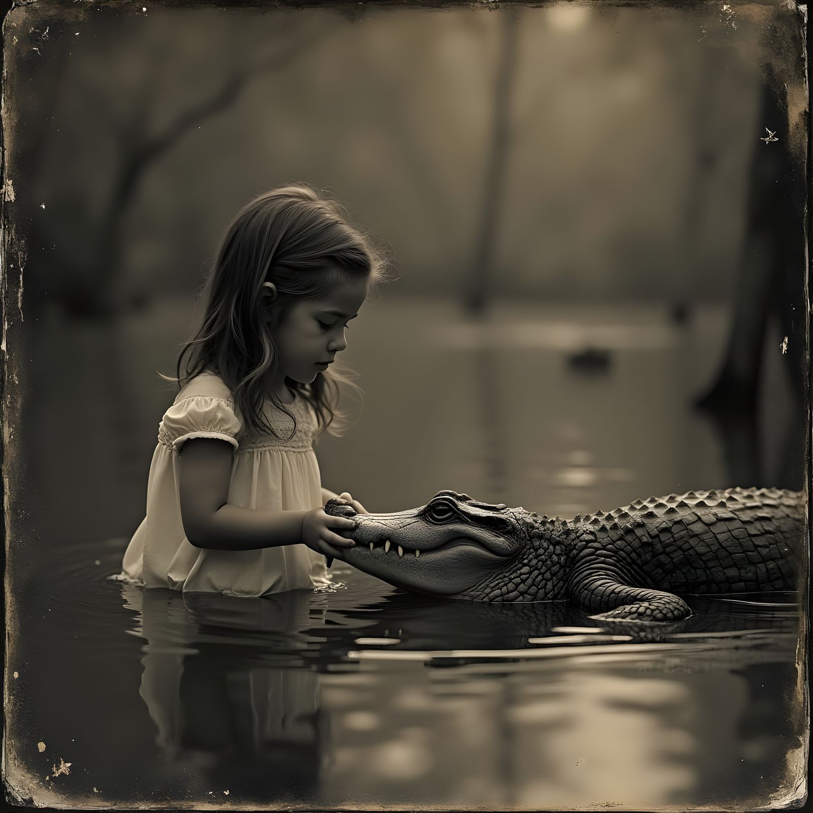 Serene Swamp Girl Petting a Majestic Alligator in a Moody Da...