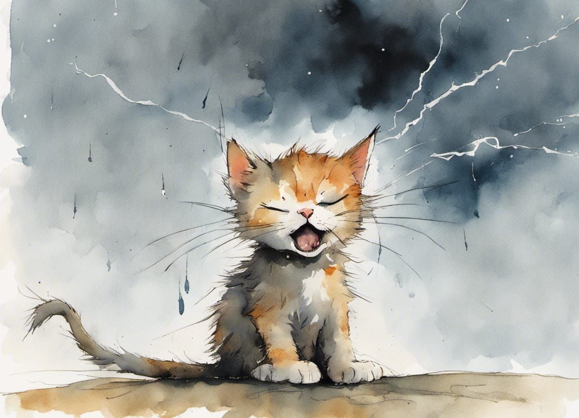 Crying Kitten Under Stormy Sky in Watercolor Style