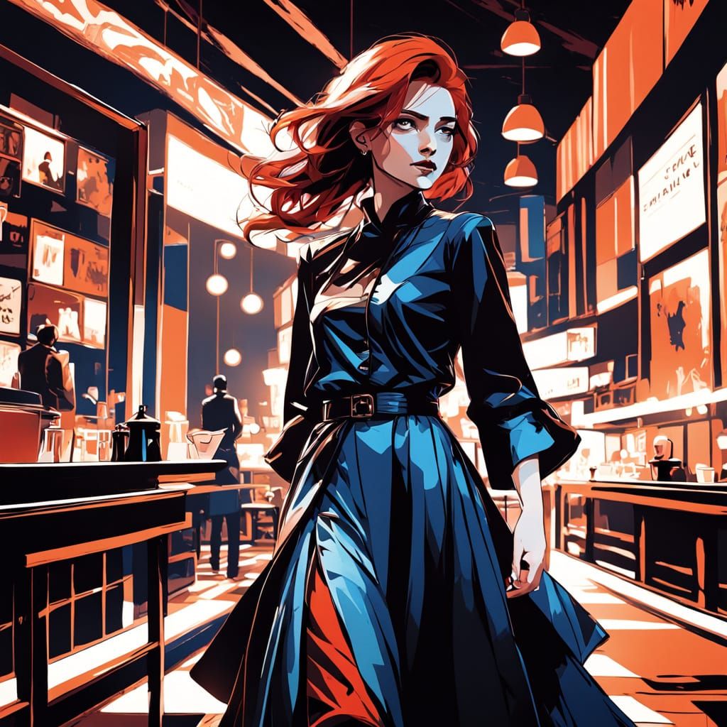 Silk-Punk Woman in Night Cinema Cafe