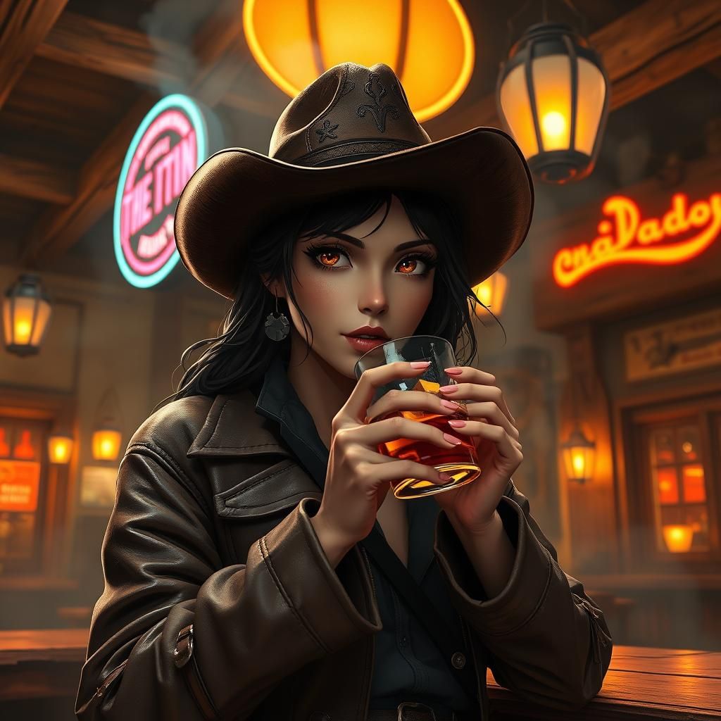 Cowgirl at Wild West Saloon in Anime Style