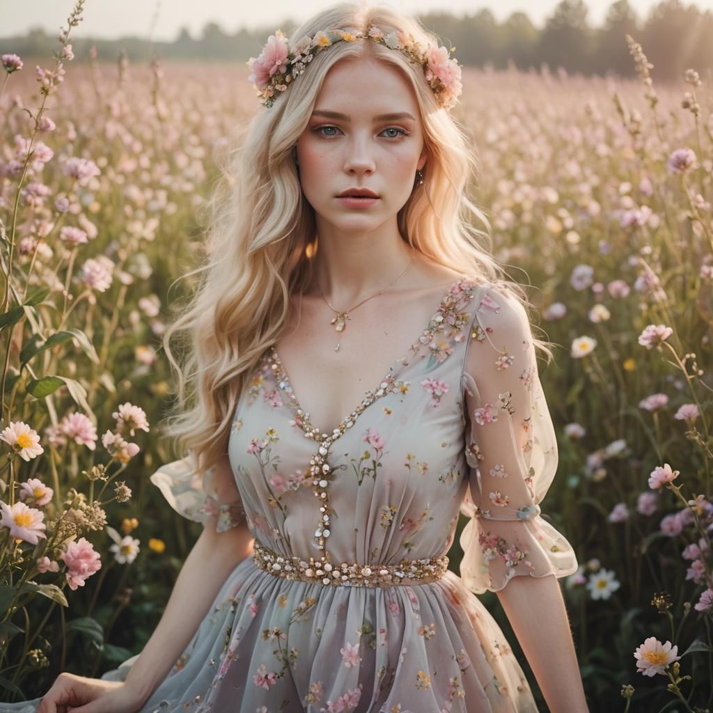 Ethereal Girl in Luminous Flower Field Portrait