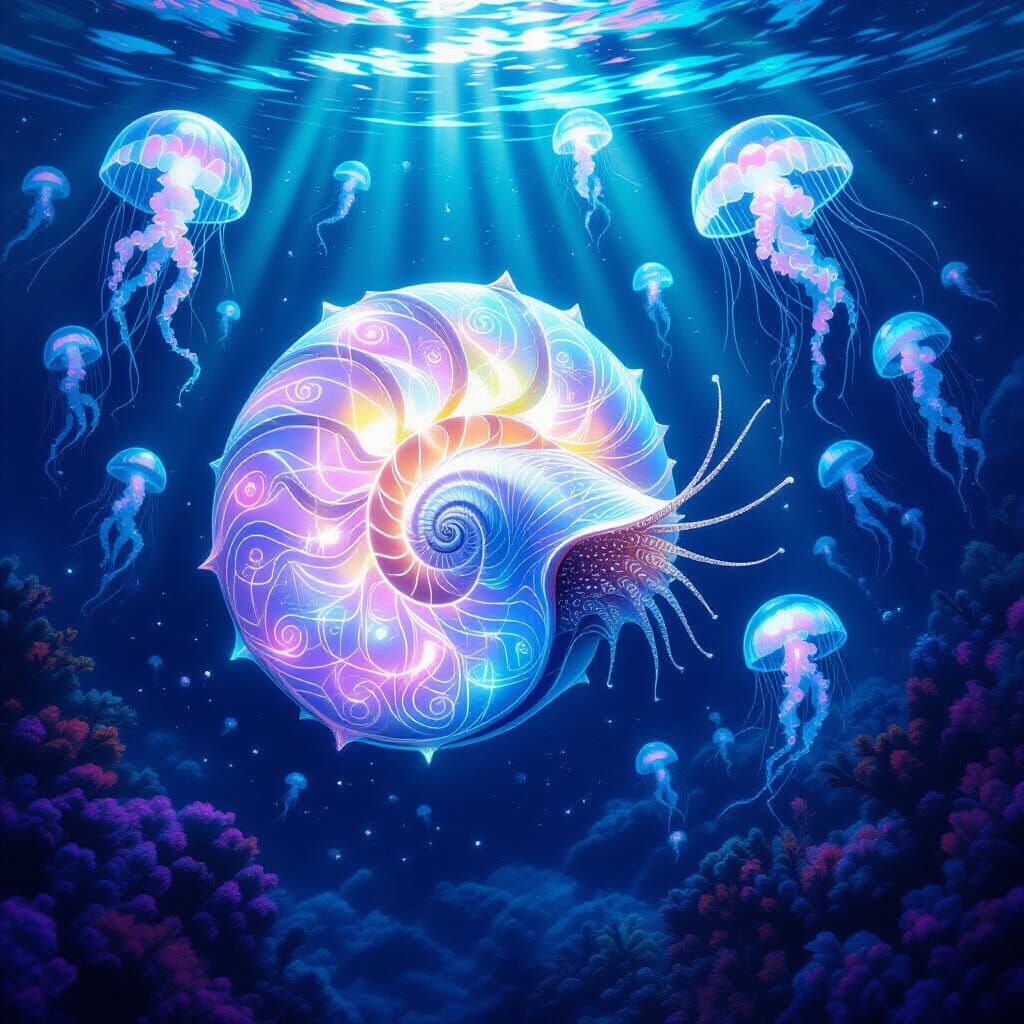 Bioluminescent Nautilus in Alien Ocean, Digital Illustration