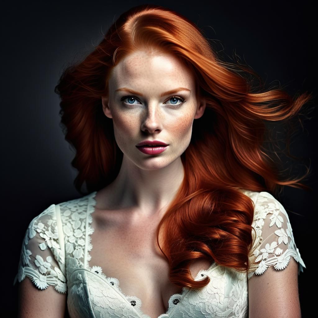 "1girl, young, Glamorous chesty redhead, hyper-realistic upp...