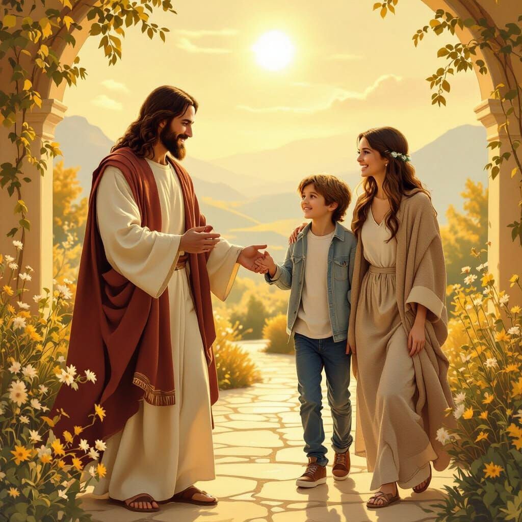 Jesus Welcomes Visitors to Heavenly Home in Golden Light