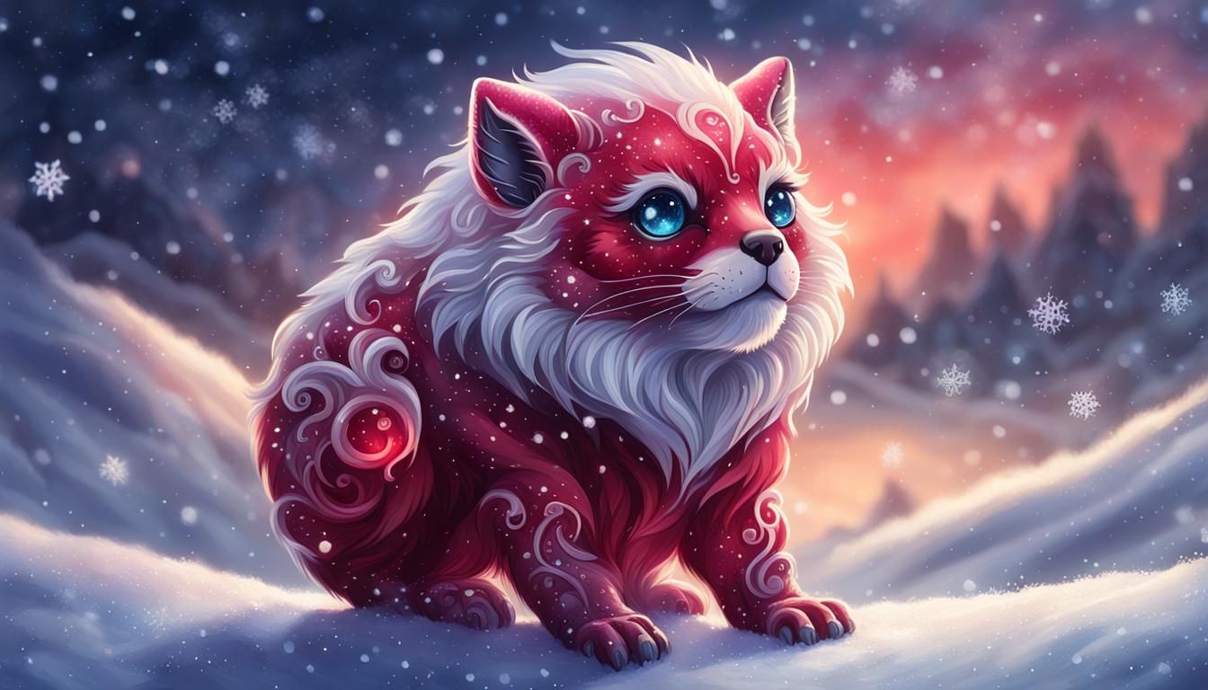 Cute Ruby Creature in Winter Landscape
