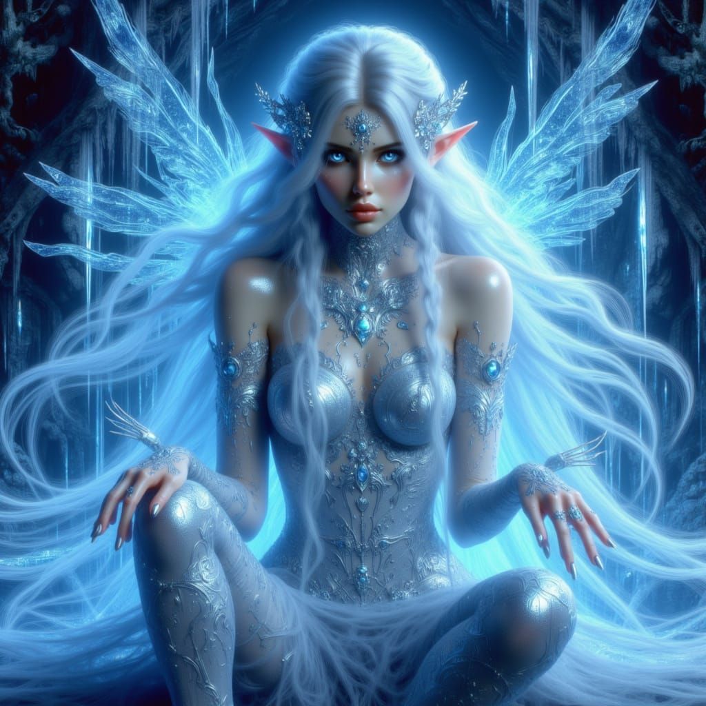 Ice Queen in Bioluminescent Grotto: Folk Art Nouveau