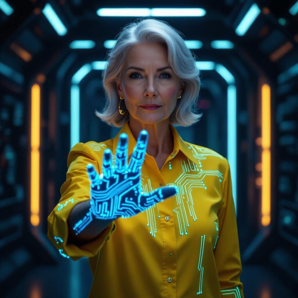 Elderly Woman with Glowing Circuit Hand in Futuristic Yellow...