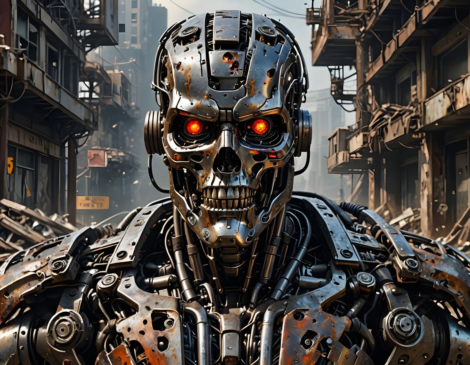 Cybernetic Terminator Exoskeleton Close-up in Post-Apocalypt...