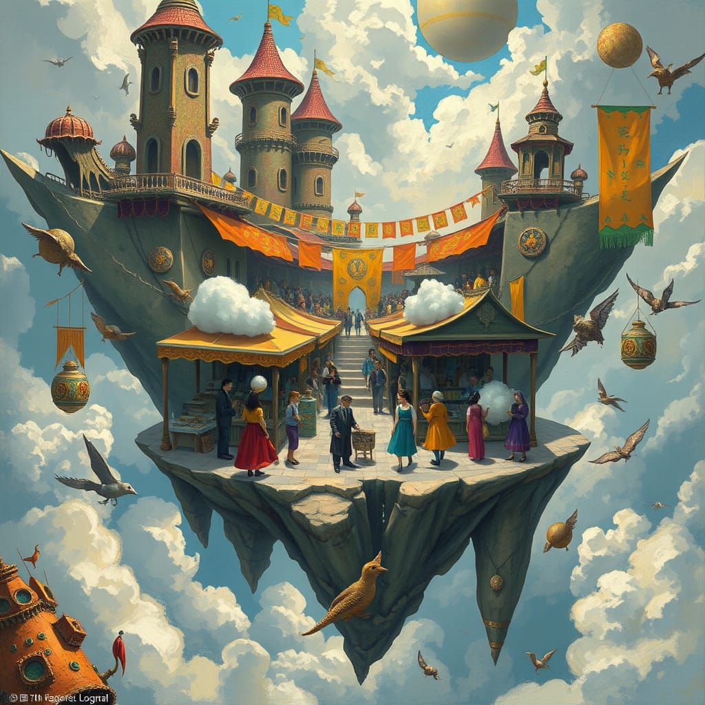 Surreal Market Scene in Vibrant, Dreamlike Style