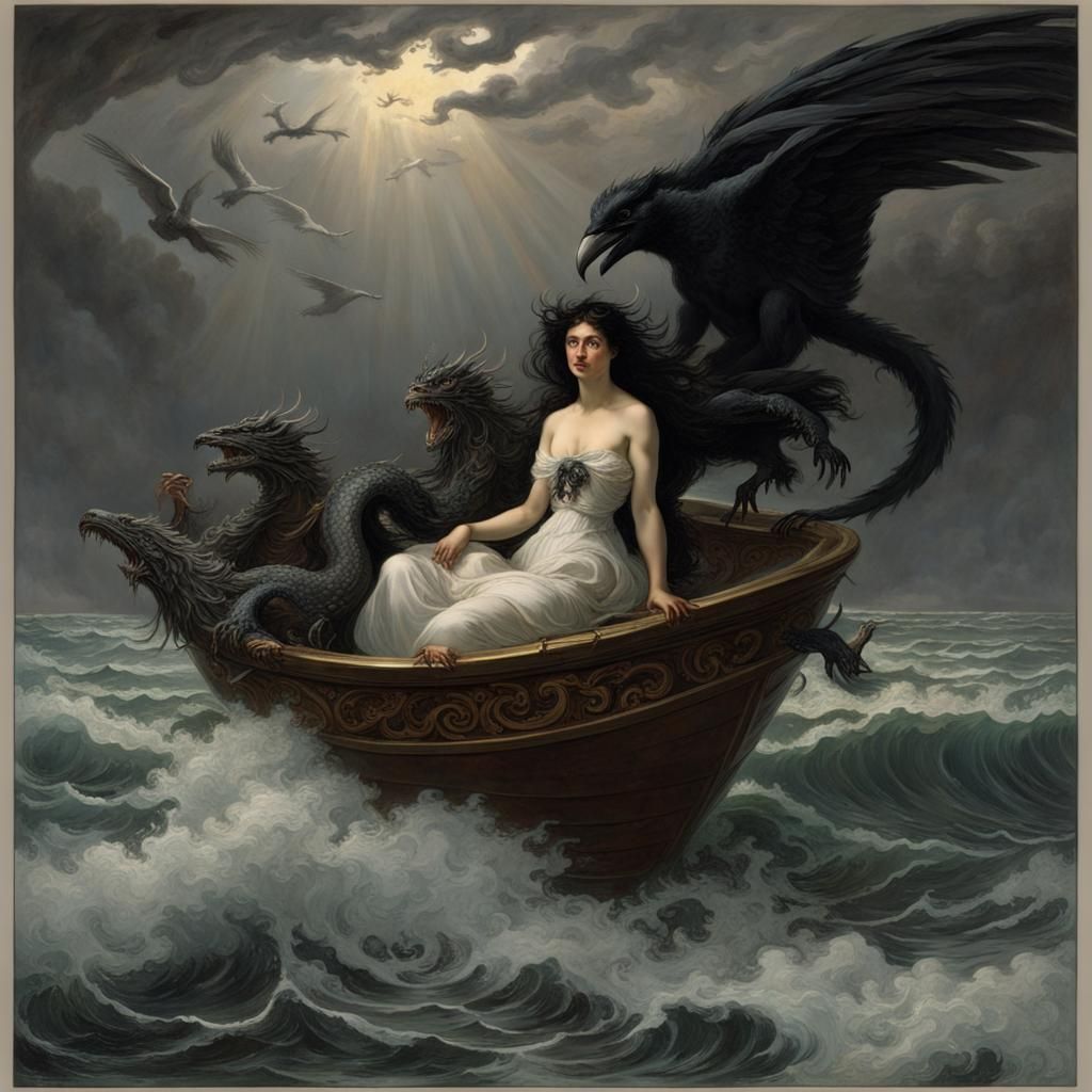 Woman with Crow in Stormy Seas, Gothic Horror Style
