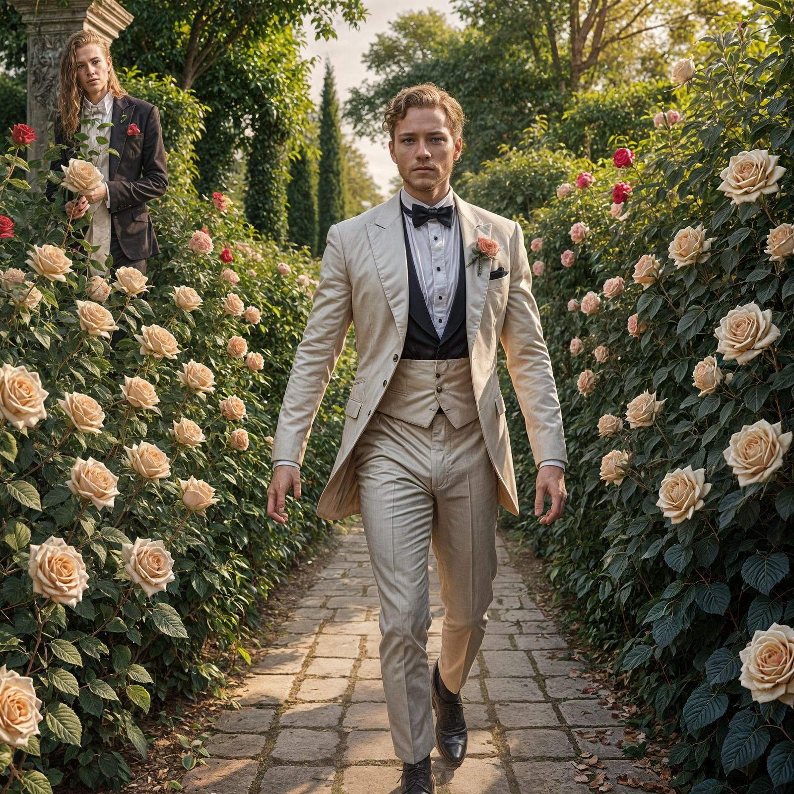 Young Man in Tuxedo Strolls Through Rose Garden