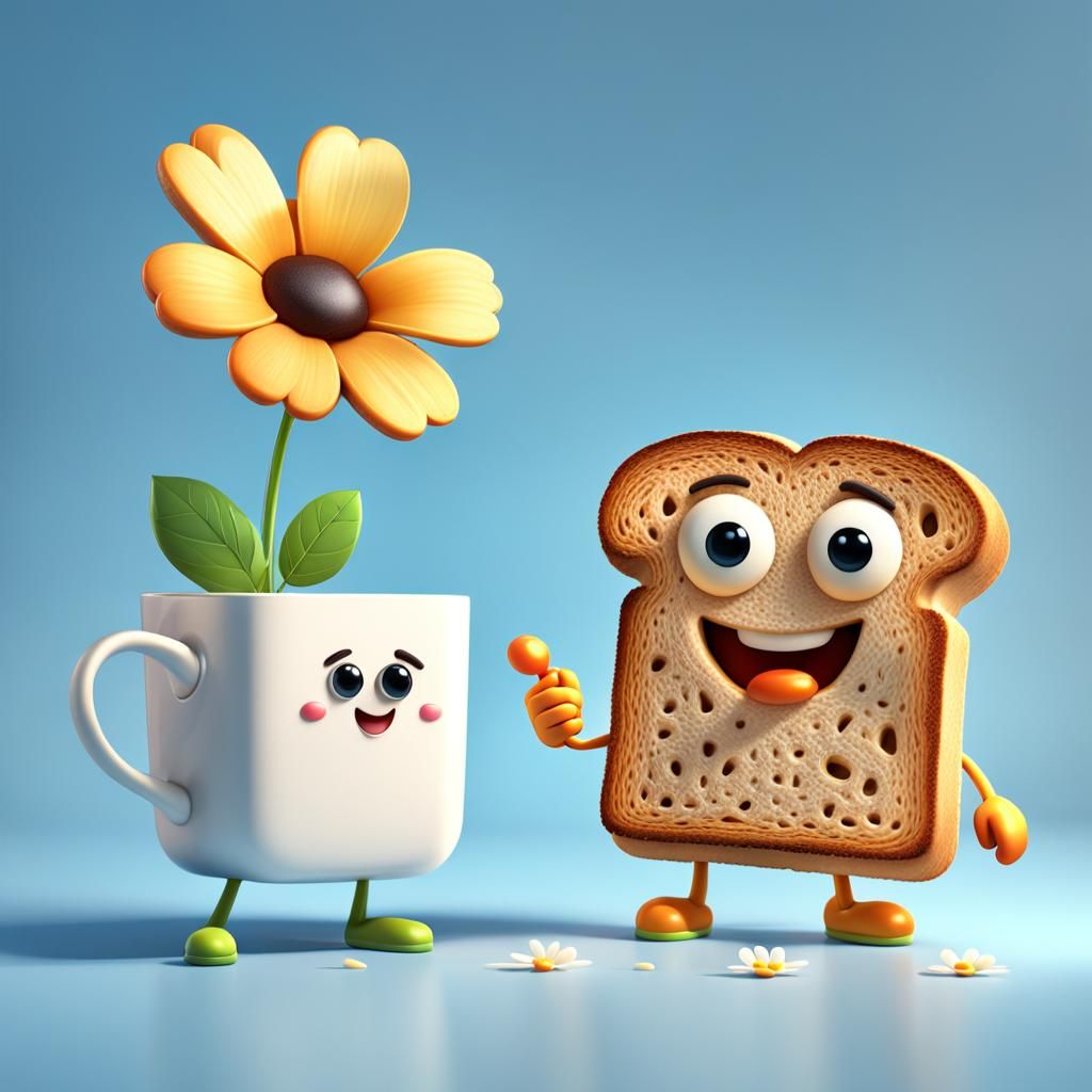 3d illustration of a toasted bread character holding a flower and giving a thumbs, good morning