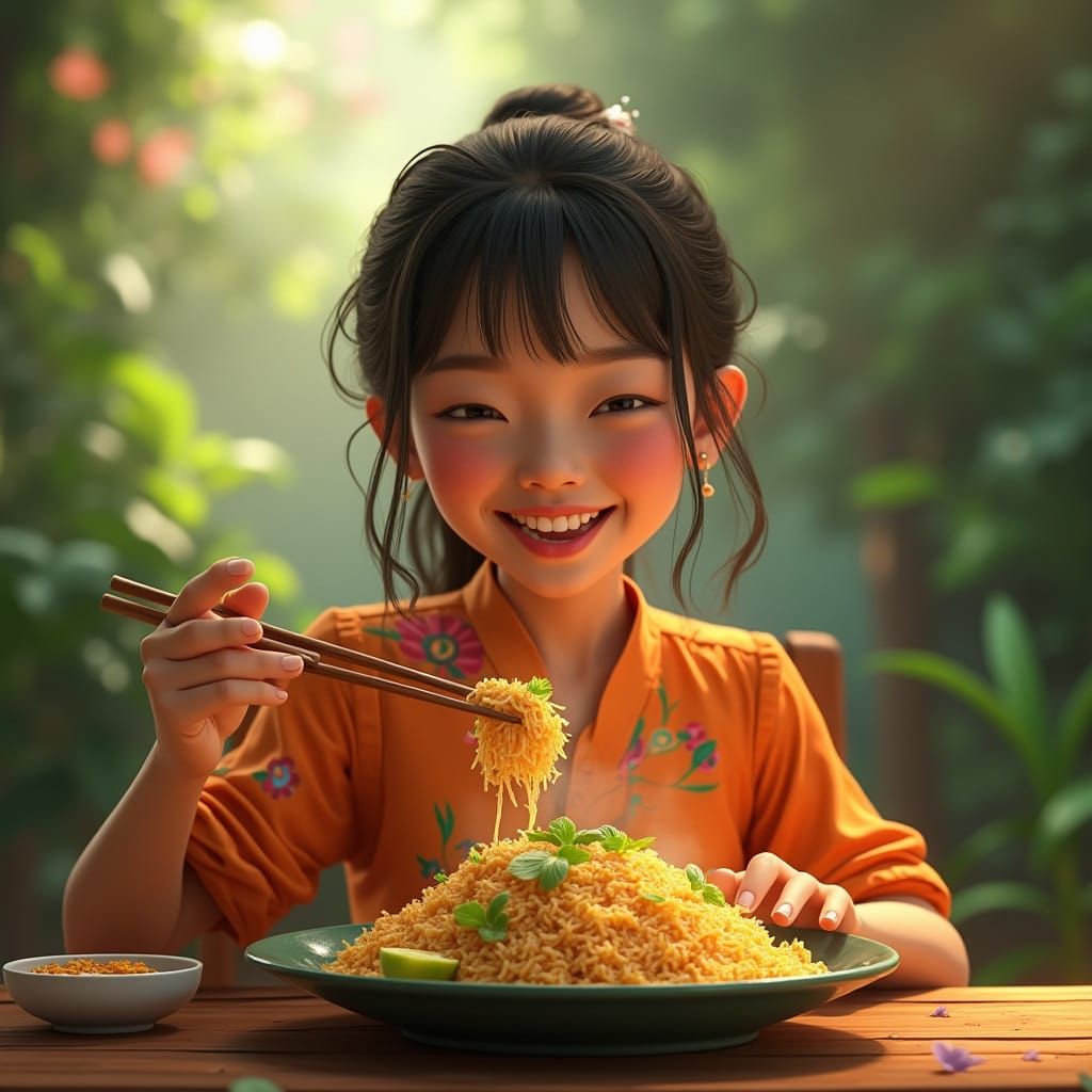 Vibrant Girl Savoring Nasi Goreng in Whimsical Dreamscape