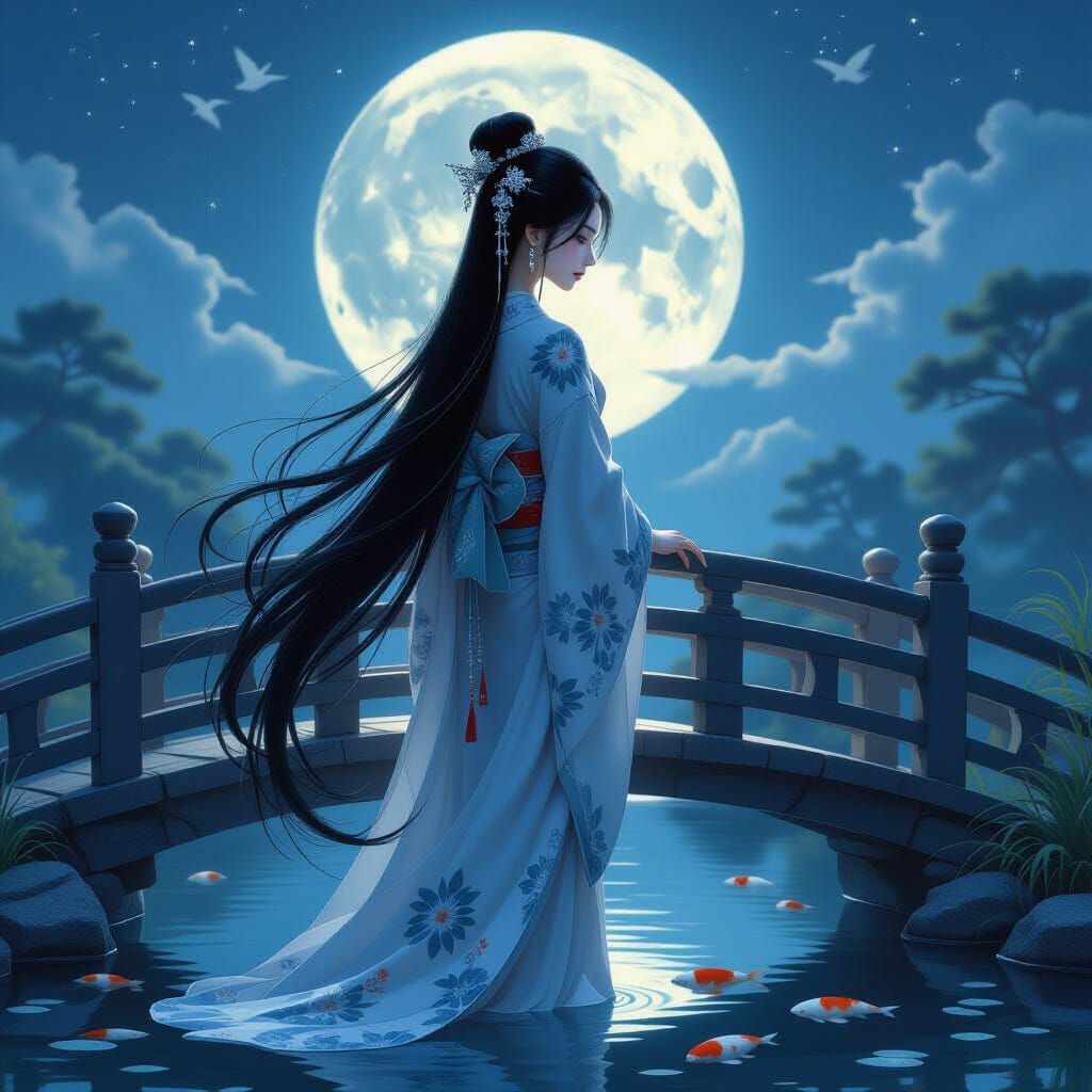 Ethereal Oriental Beauty in Moonlight: Art Nouveau Style