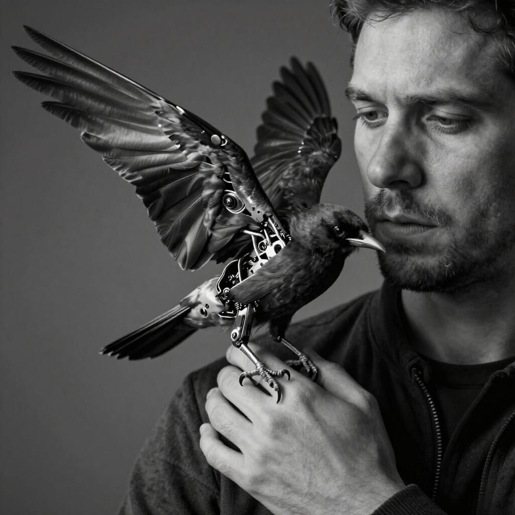 Man Holds Cybernetic Bird with Visible Mechanics