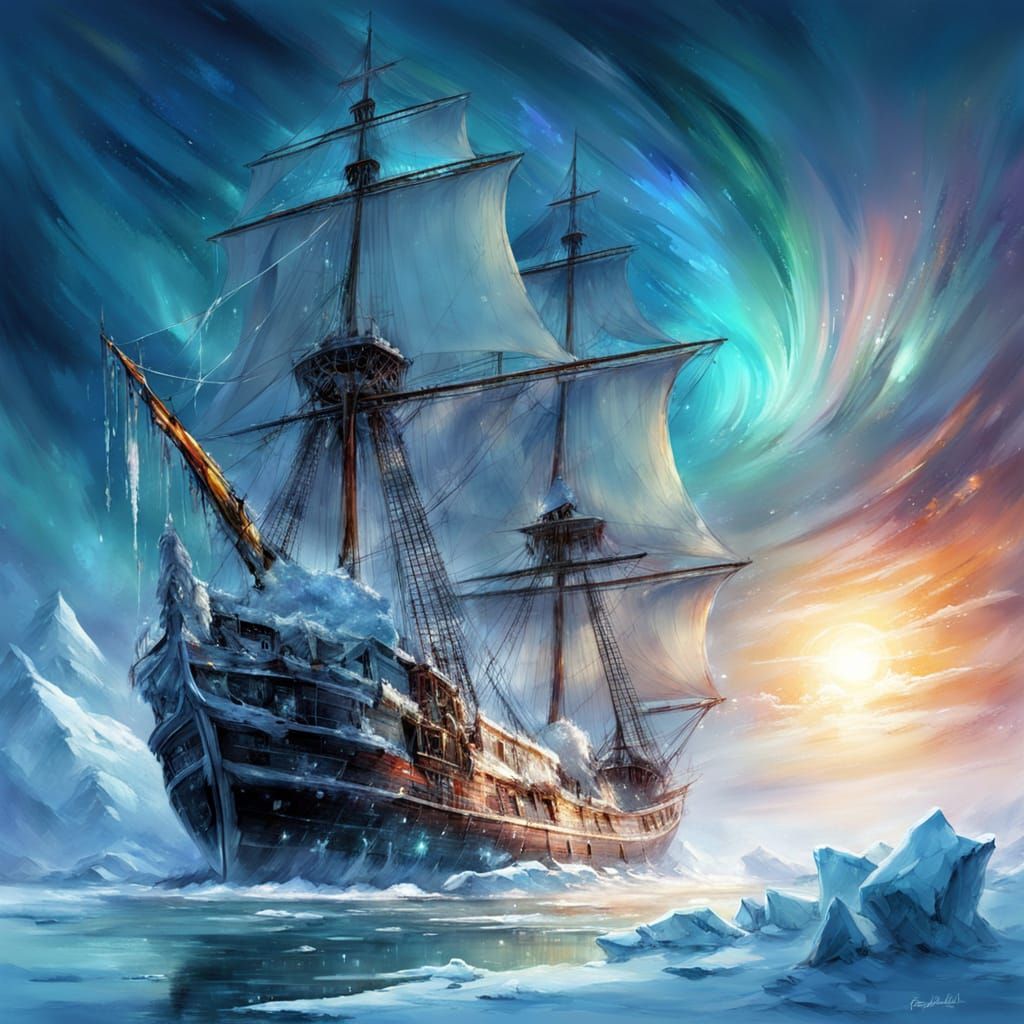 Spectral Galleon Drifting Through Frozen Arctic Ocean