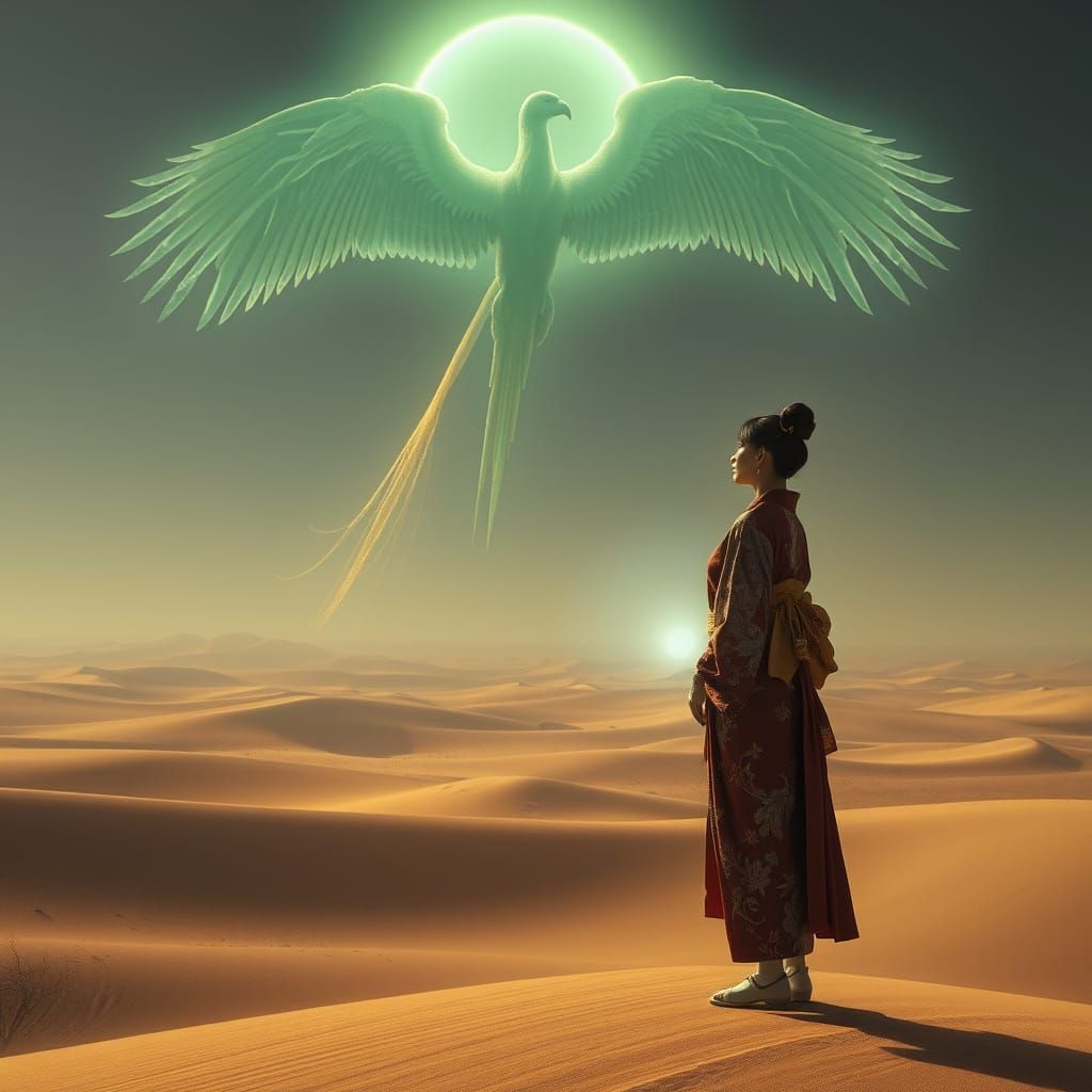 Cybernetic Geisha and Bioluminescent Phoenix in Cyberpunk St...