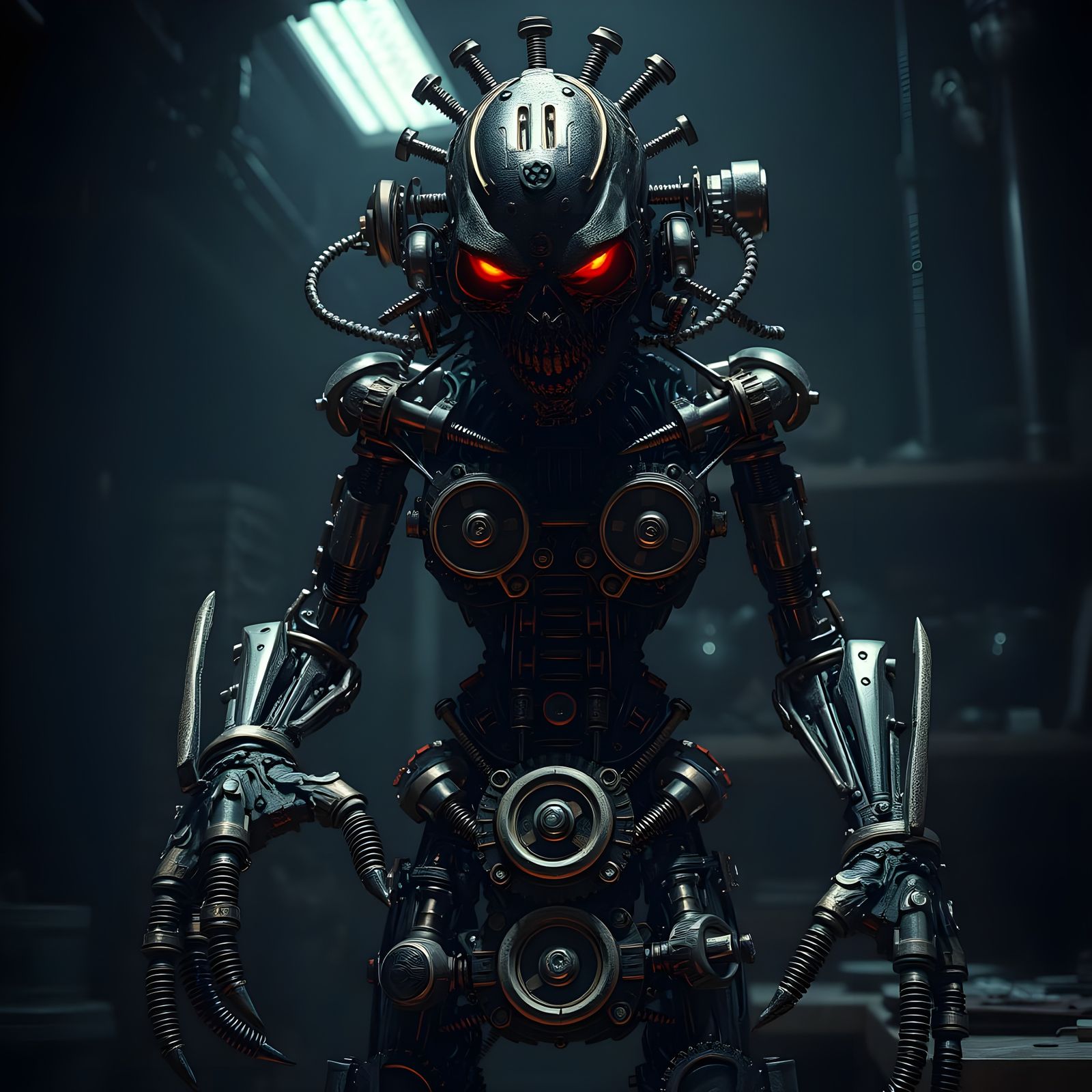 Menacing Automaton of Screws in Dimly Lit Workshop