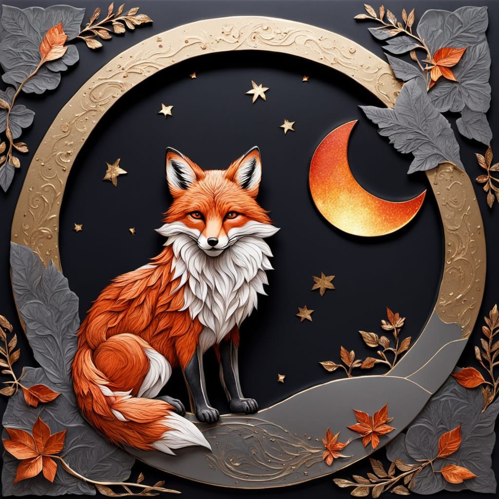 Majestic Fox on Moon with Fire Sun in Mixed Media