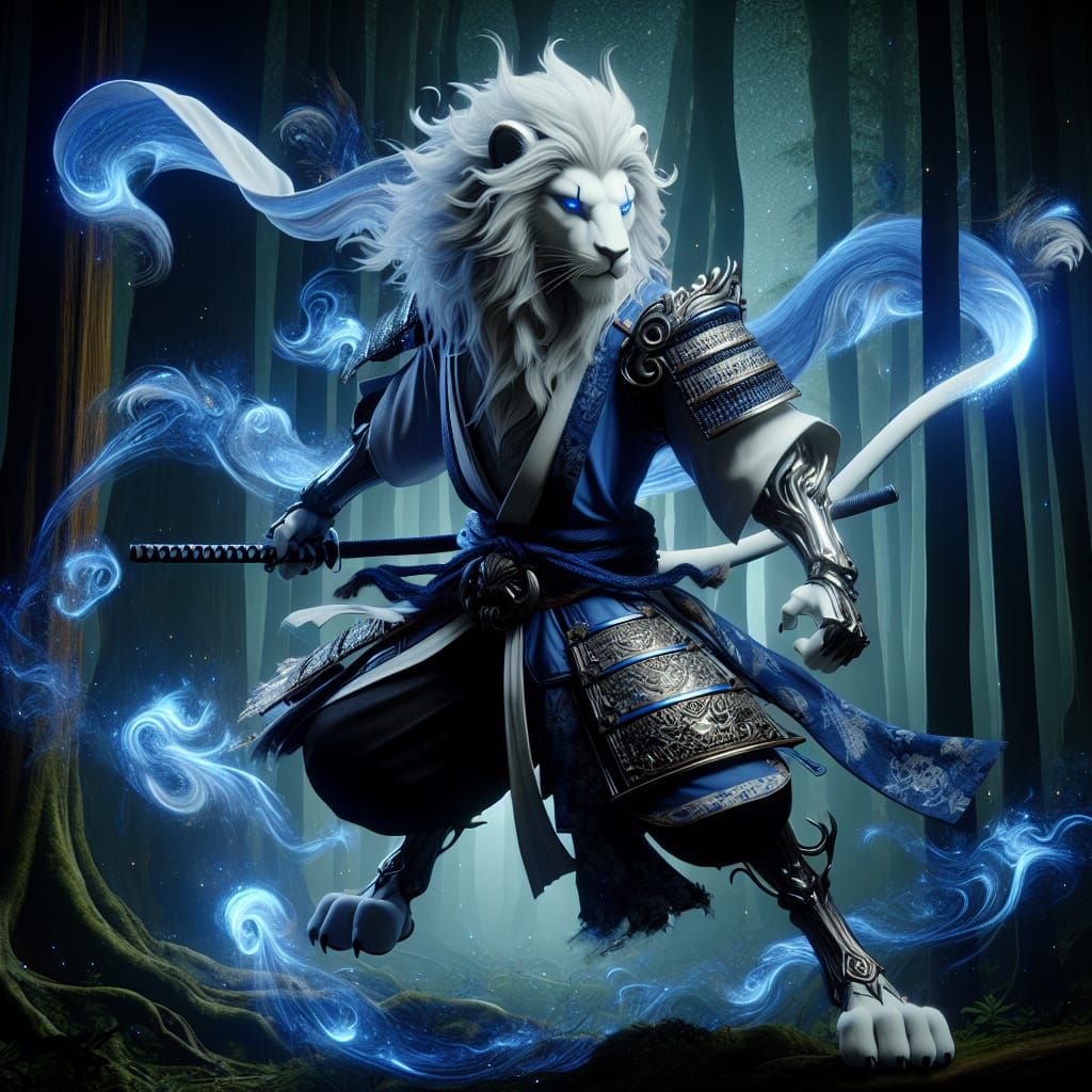Samurai Lion in Dark Forest, Early 20th-Century Style