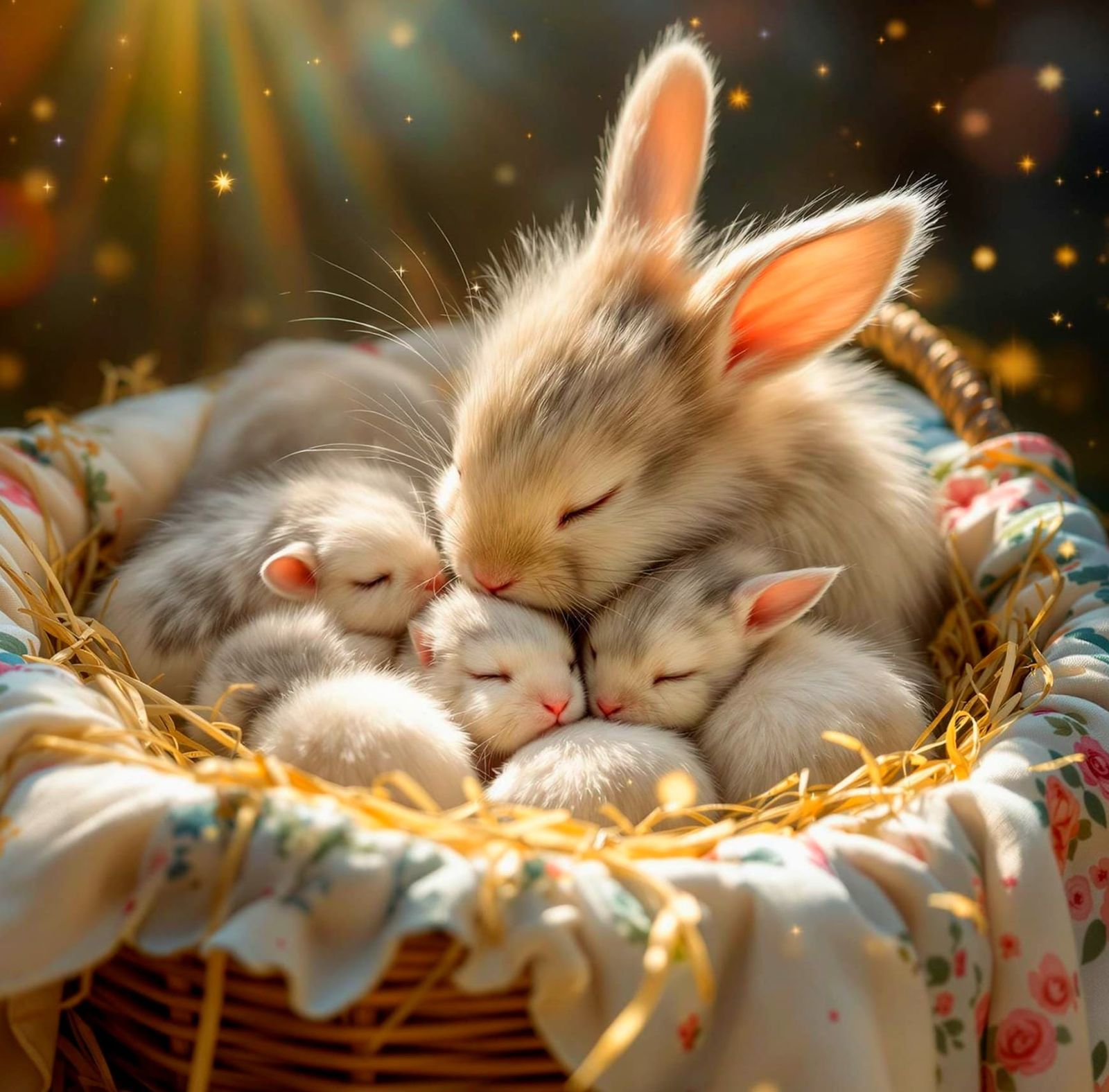 Mother Bunny Nuzzles Her Adorable Fluffy Babies in a Cozy Fl...