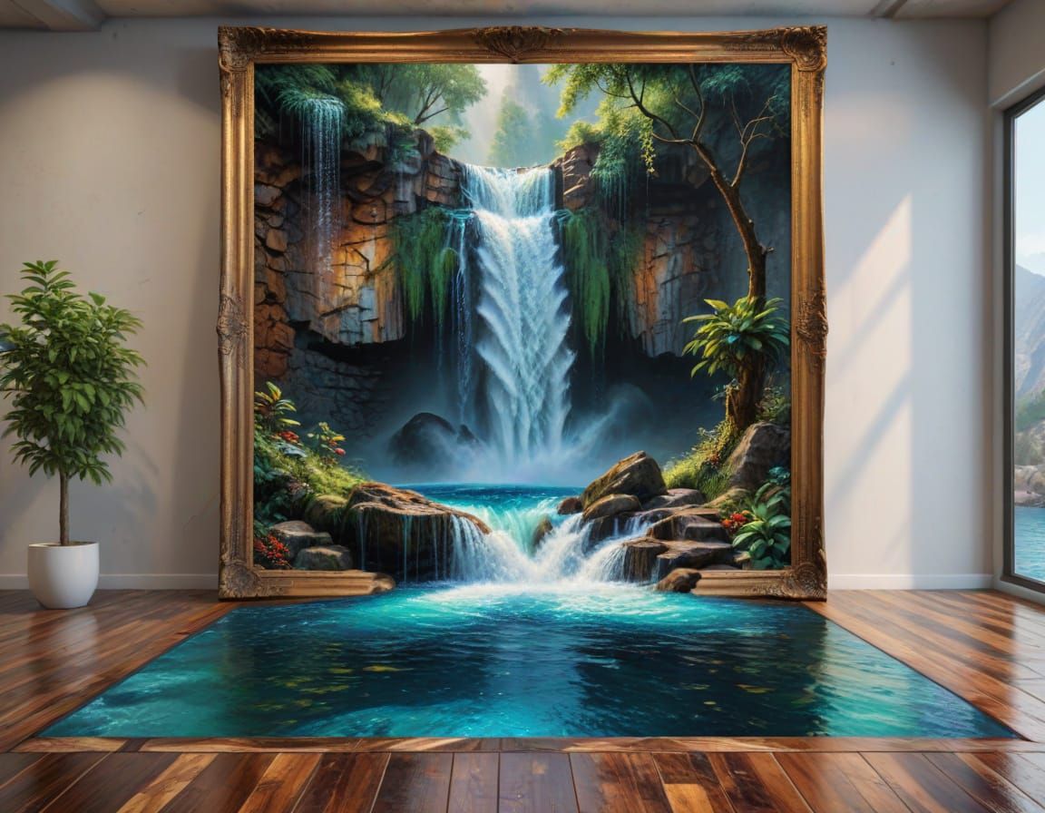 Waterfall Flows from Painting into Room