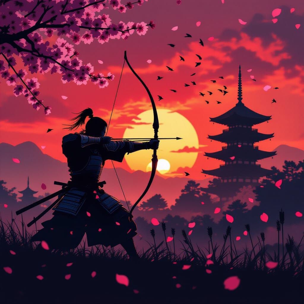 Samurai Archer Double Exposure at Crimson Sunset