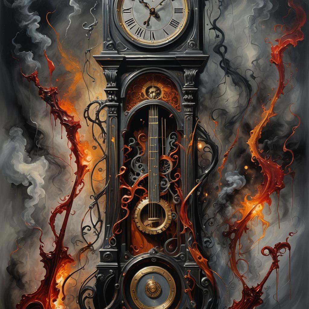 Time's Disintegration in Vibrant, Chaotic Oil Painting