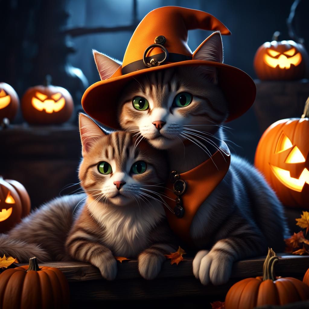 Cats Cuddling on Halloween in 3D Game Style
