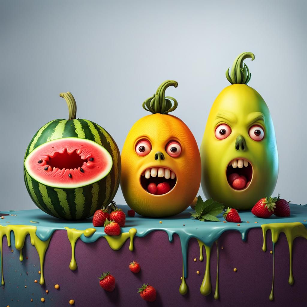 Creepy Zombie Fruit Characters in Hyperrealistic Splash Art