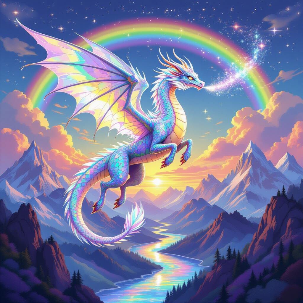 Iridescent Crystal Dragon Soaring in Rainbow Sky