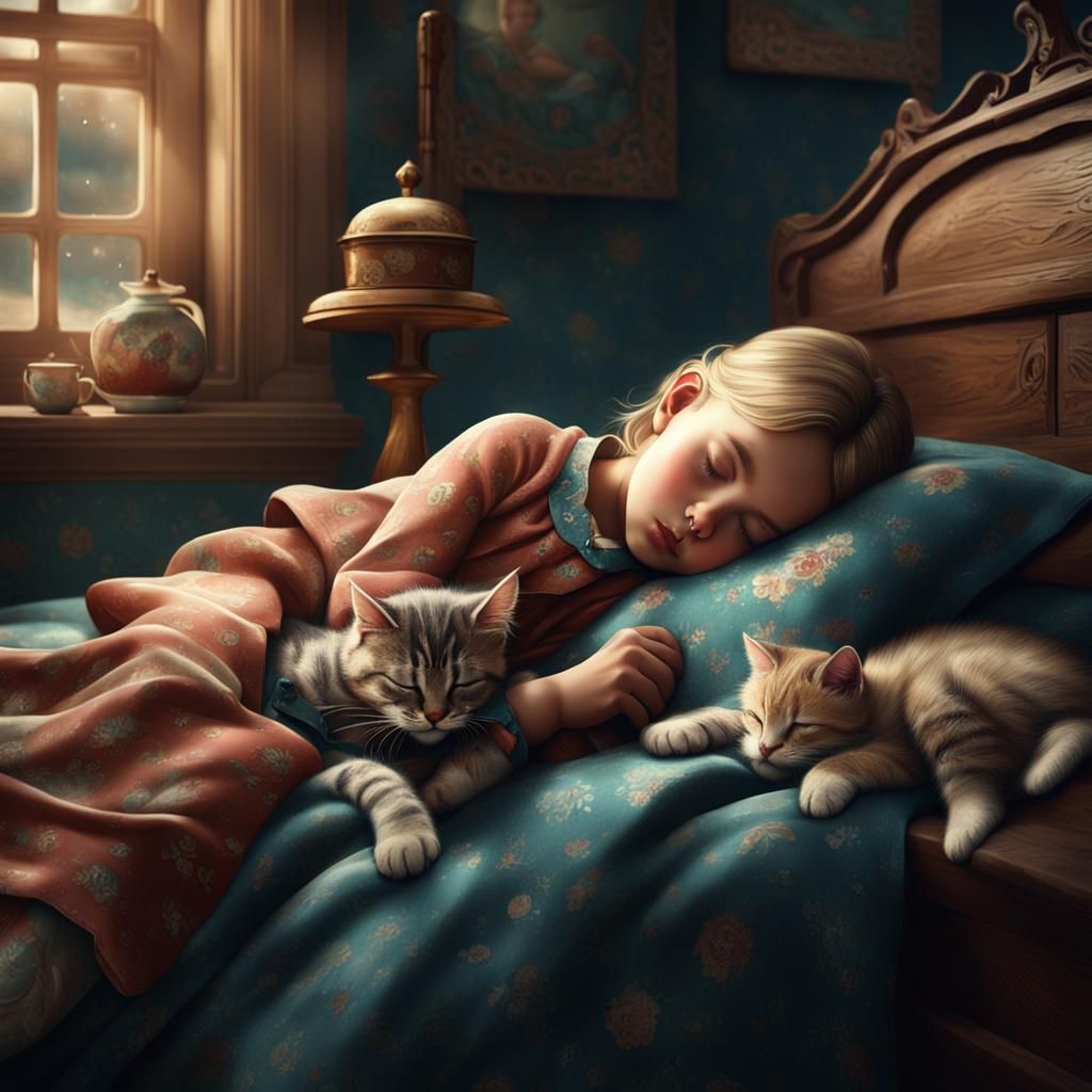 Dreamy Child and Kitten Nap as Fantasy Art