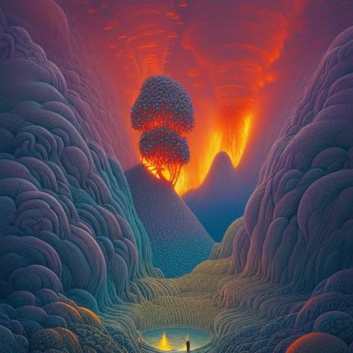 Fairytale Volcano with Birds and Flowers in Magic Realism