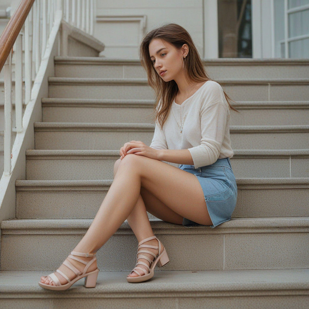 Hyper-Realistic Portrait of a Woman on Stairs in Pastel Colo...