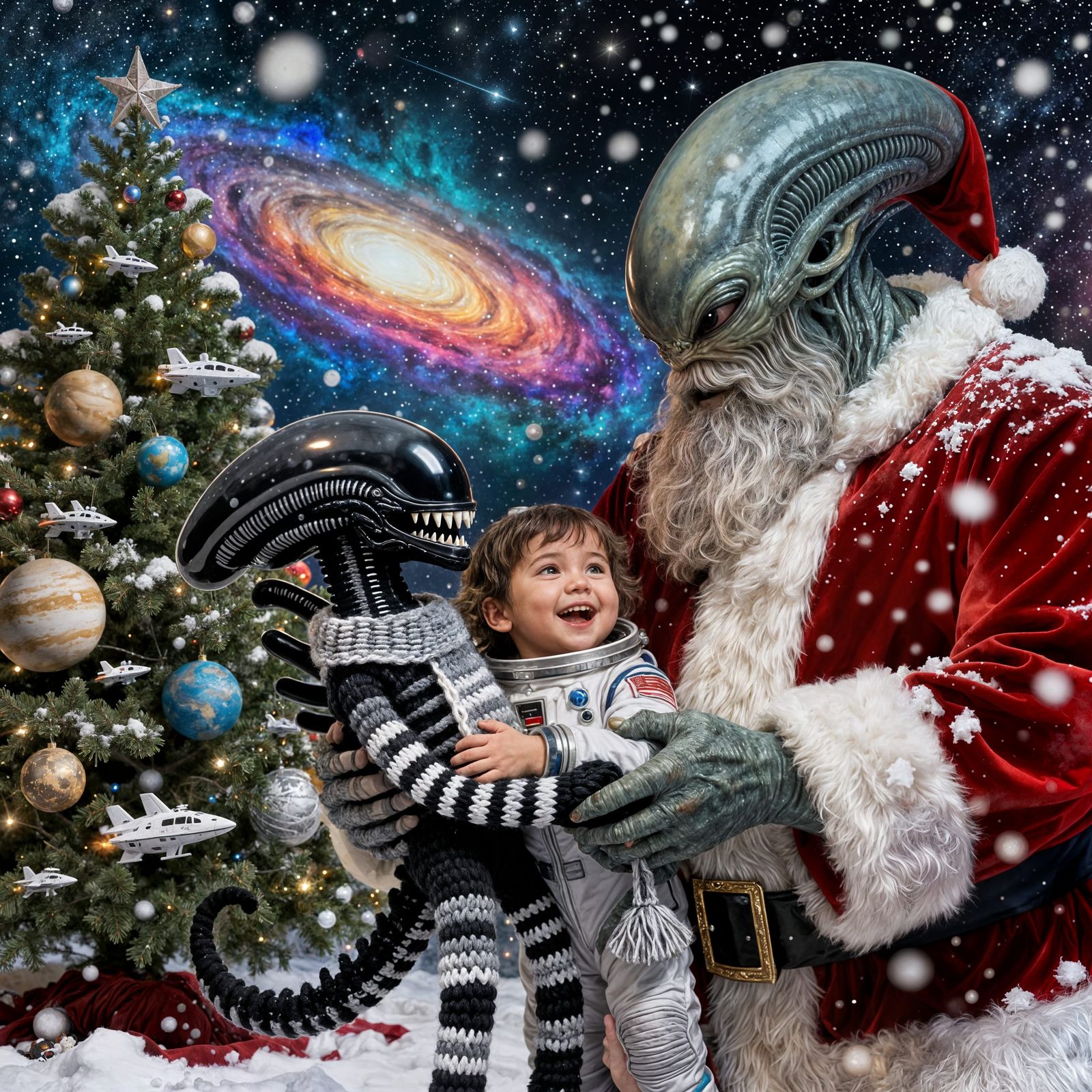Alien Santa Gives Toy to Joyful Toddler in Cosmic Christmas ...