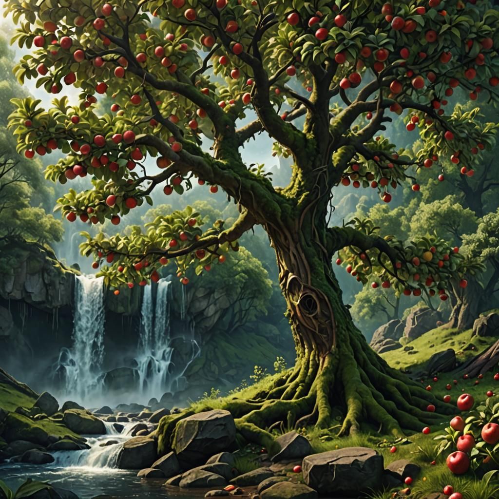 Apple Tree Forest Waterfall: Digital Matte Painting