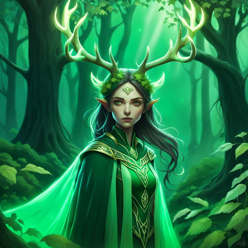 Ethereal Female Druid in Enchanted Forest