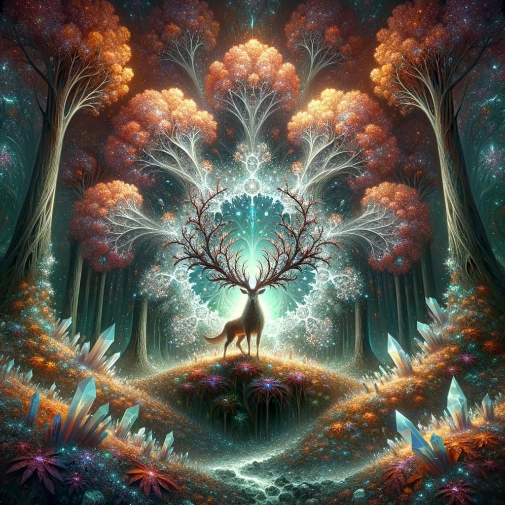 Fractal Stag Emerges from Forest Portal