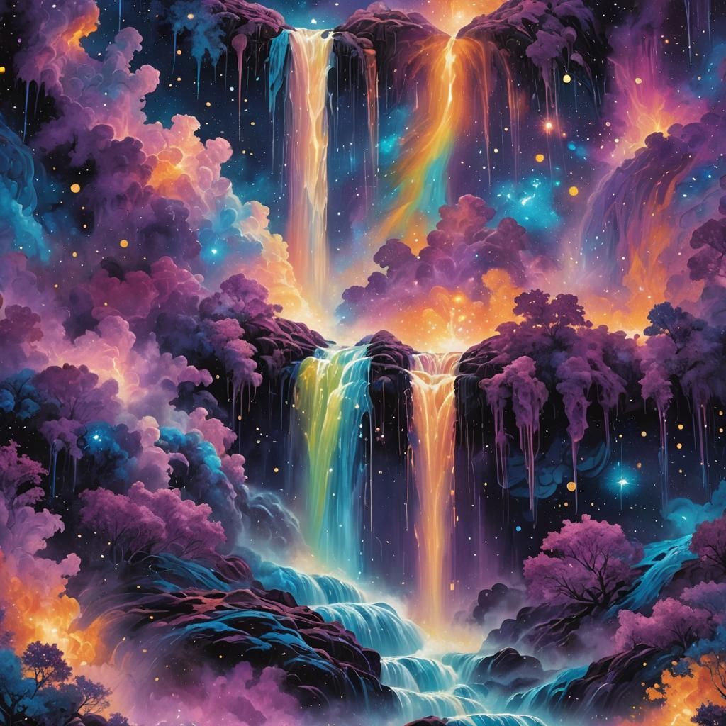 Iridescent Waterfall Flowing Through Nebula: Cosmic Illustra...