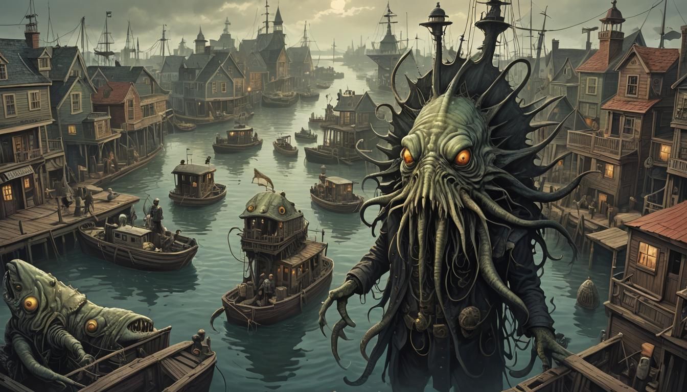 Lovecraftian Fish People Town in Nautical Horror Style