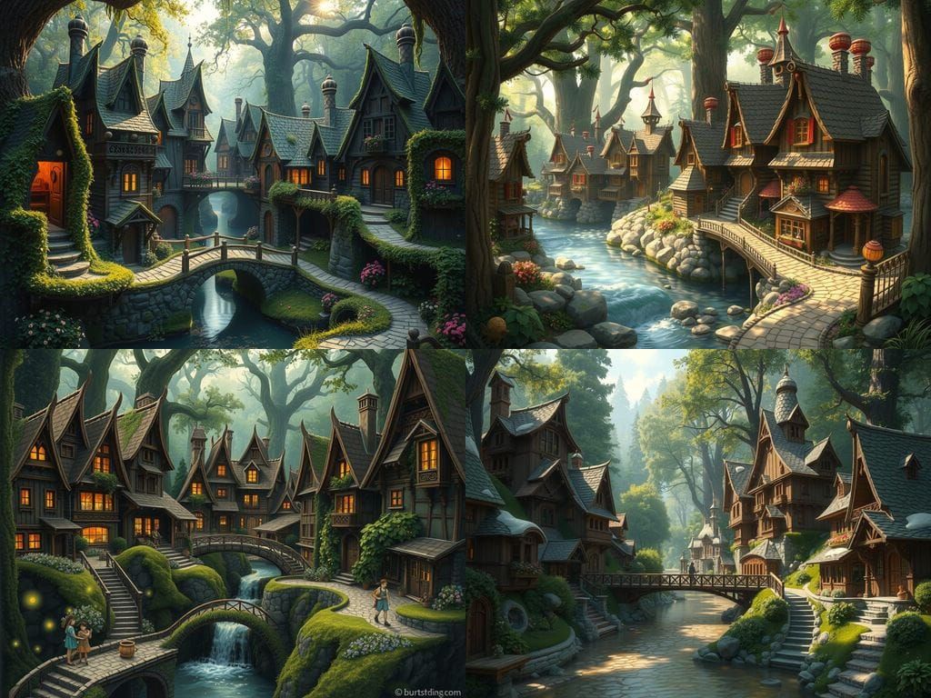 Whimsical Village in Lush Forest, Storybook Illustration