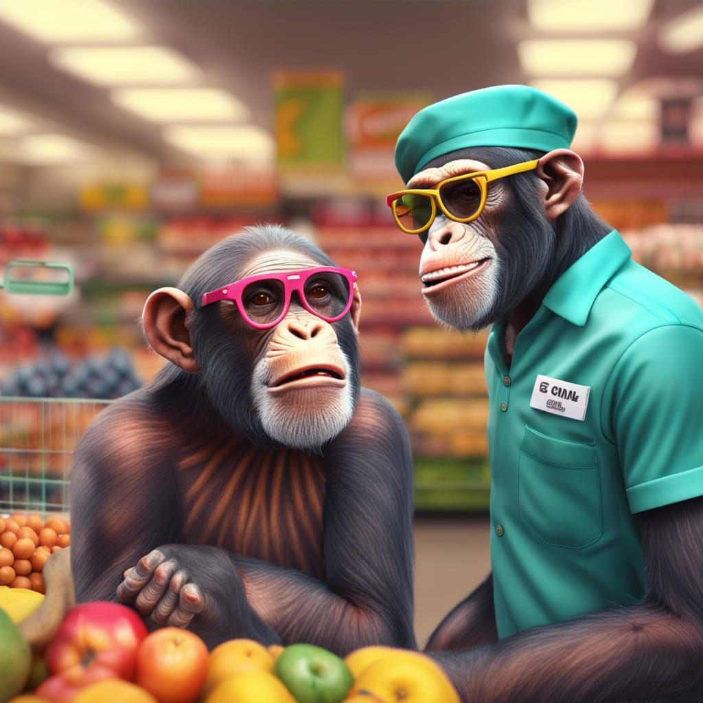 Chimpanzee Cashiers at Animals Supermarket in 8K