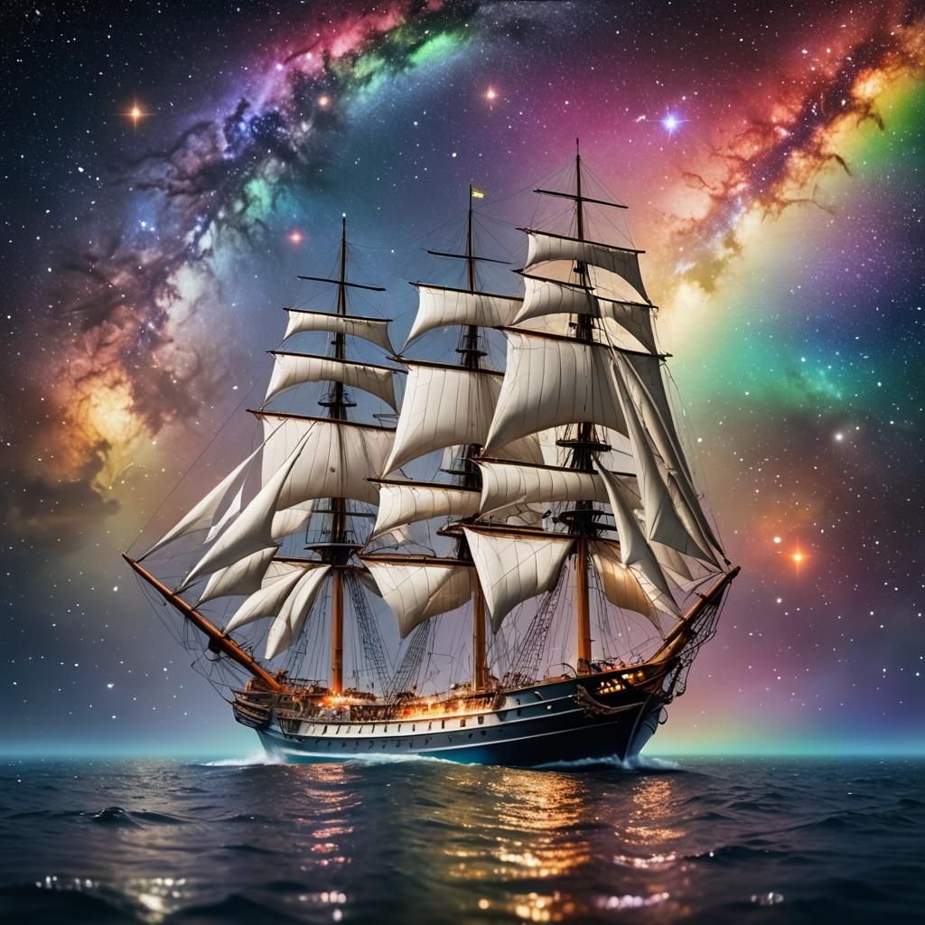 White Sailship Swims Rainbow Galaxy: Professional Photograph...